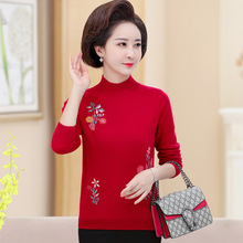 专柜100%羊绒衫女中老年妈妈装半高领羊毛打底衫加厚绣花女士毛衣