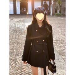 女装高级感名媛风网红显瘦围脖设计黑色风衣外套女装大衣秋季
