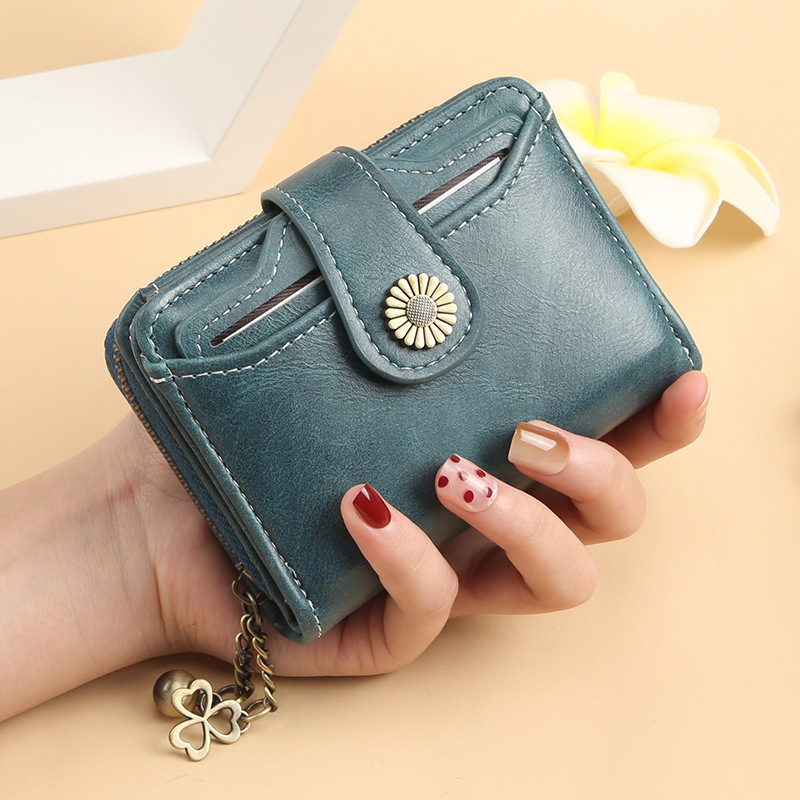 Women's Wallet Short Korean Style Oil Wax Leather Coin Purse Fashion Buckle Zipper Driver's License Card Bag
