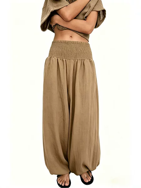 2026 Amazon's New Hot-Selling Cross-Border Women's High-Waisted Gathered Solid Color Cotton-Linen Fashion Casual Lantern Pants Wide-Leg Pants for Women