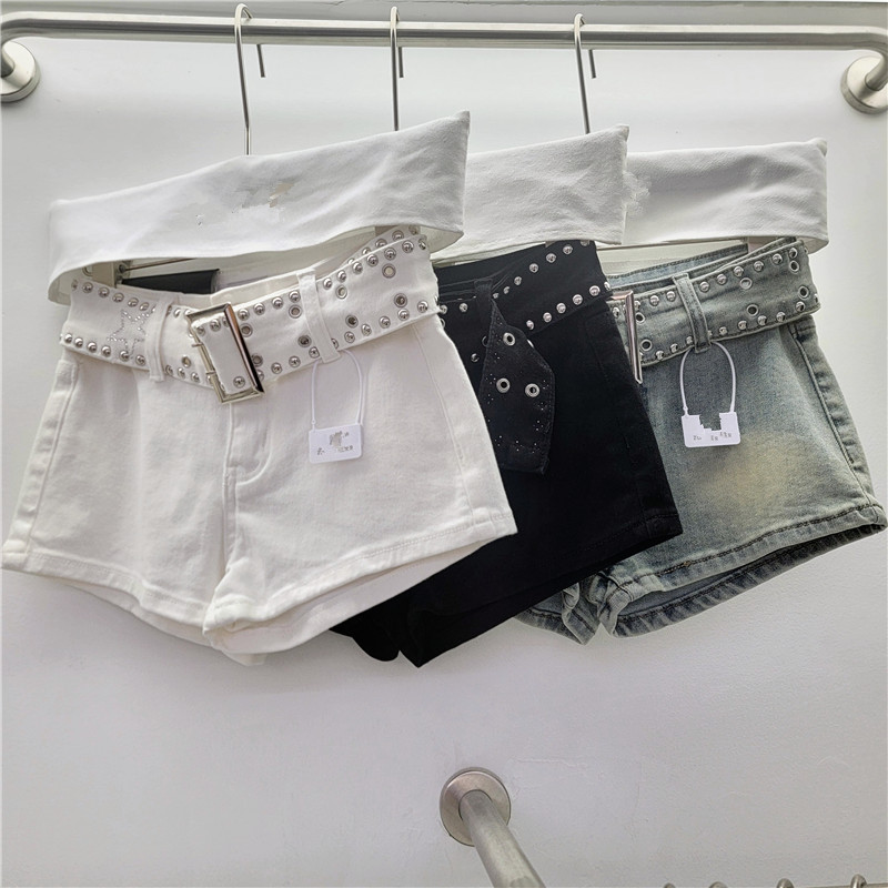 Shorts de Mezclilla de Tiro Alto con Remaches de Mezclilla y Poliéster para Verano