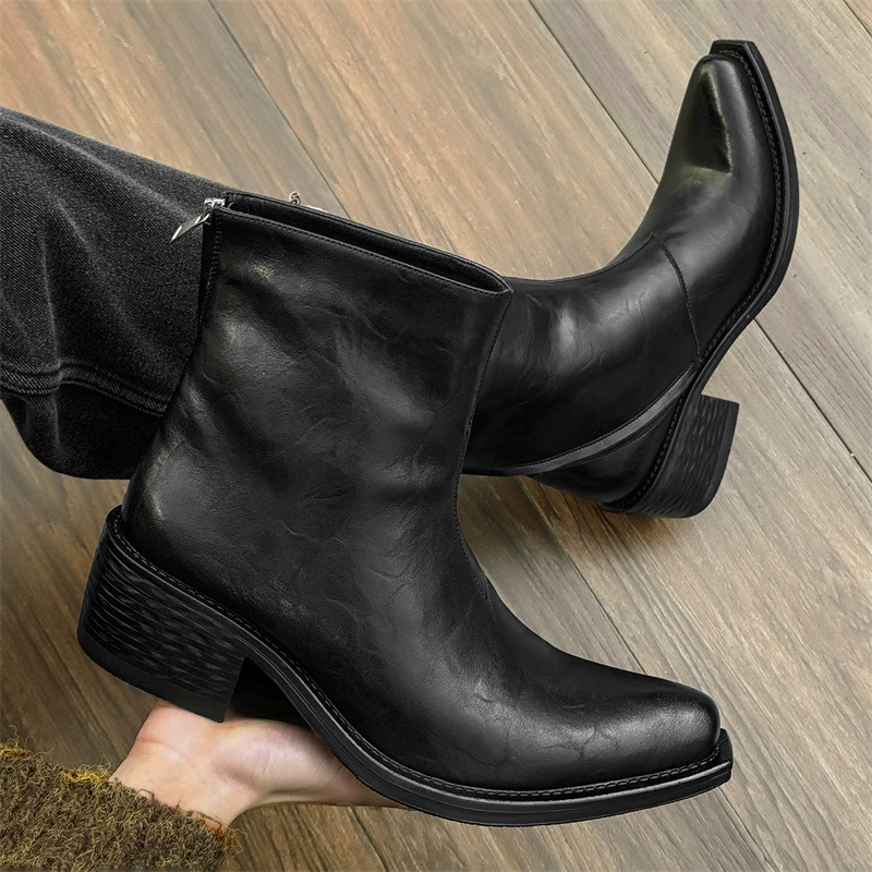 Черные сапоги волшебника с толстой подошвкой на высоком каблуке ретро с высокой головой