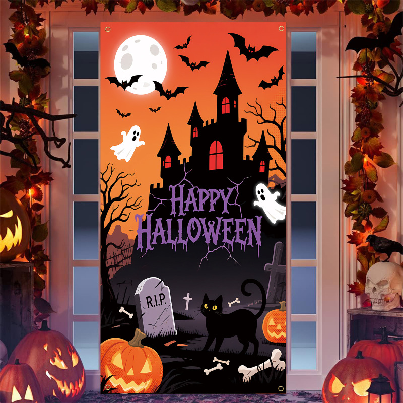 2025 Cross-Border New Halloween Front Door Banner Castle Pumpkin Lantern Theme Family Party Horror Decoration Door Cover 2025 Cross-Border New Halloween Front Door Banner Castle Pumpkin Lantern Theme Family Party Horror Decoration Door Cover