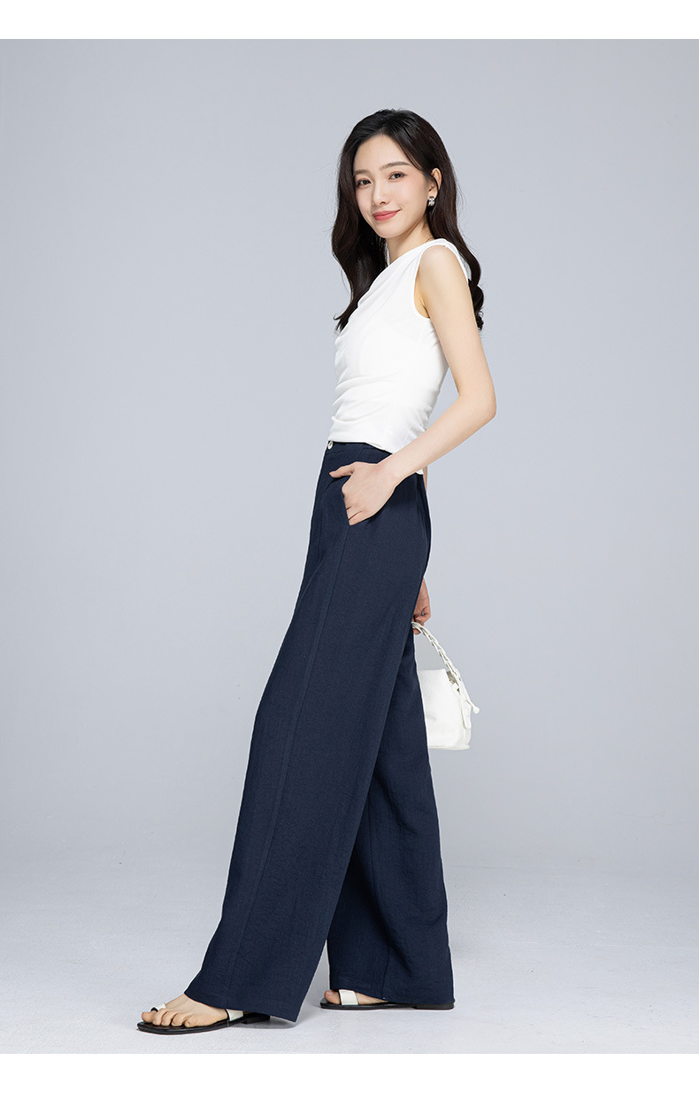 Quần ống rộng cạp cao vải lanh phối tơ mỏng nhẹ mùa hè dáng suông dài chạm đất — Màu xanh lam đậm chi tiết 25