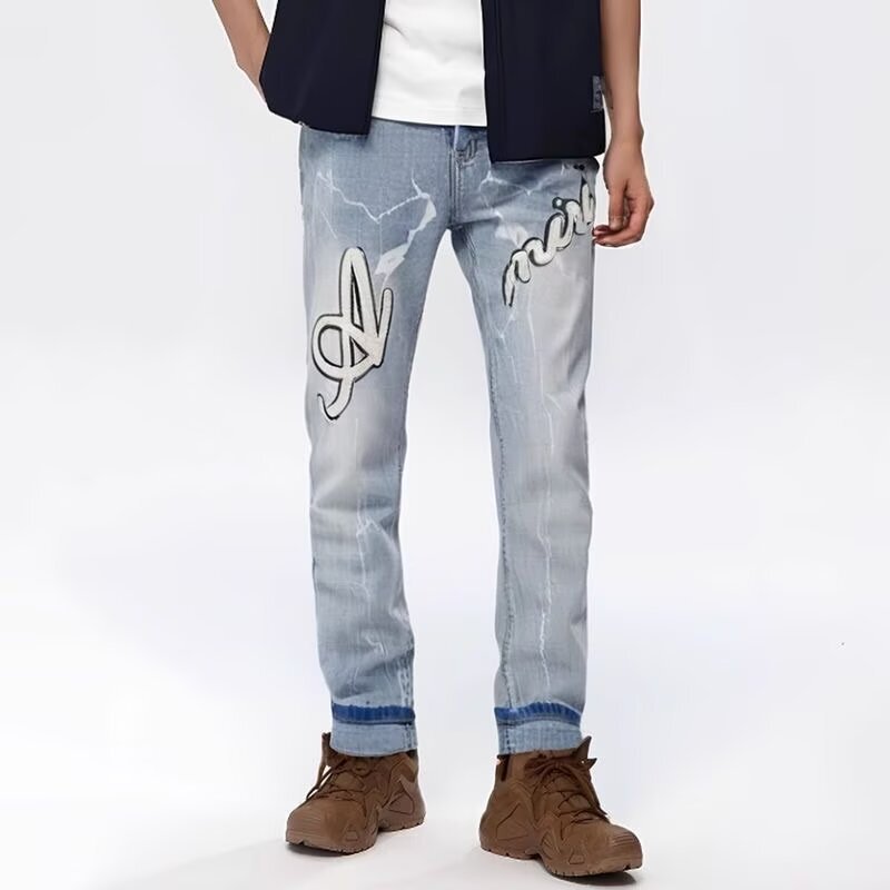 Cross-Border Foreign Trade New Style Blue Ripped Patch Embroidery Tight Elastic High Street Mid-Waist Men's Jeans Trendy