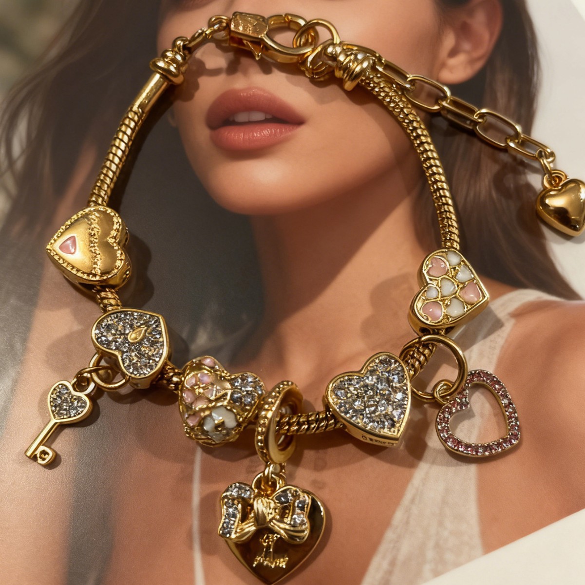 Explosiones transfronterizas Panjia pulsera diamante de oro goteo arco amor llave cerradura joyas de moda desmontables image 1