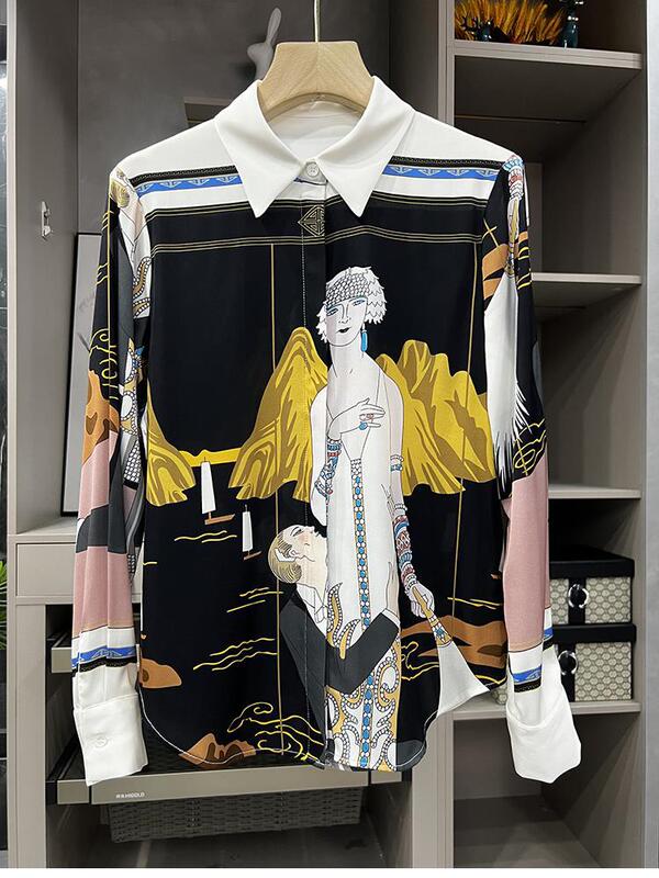 Meimeimei! Retro fashion essence! Commuter Contrasting Color Printed Figure Long-sleeved Silk Shirt Women's 33685