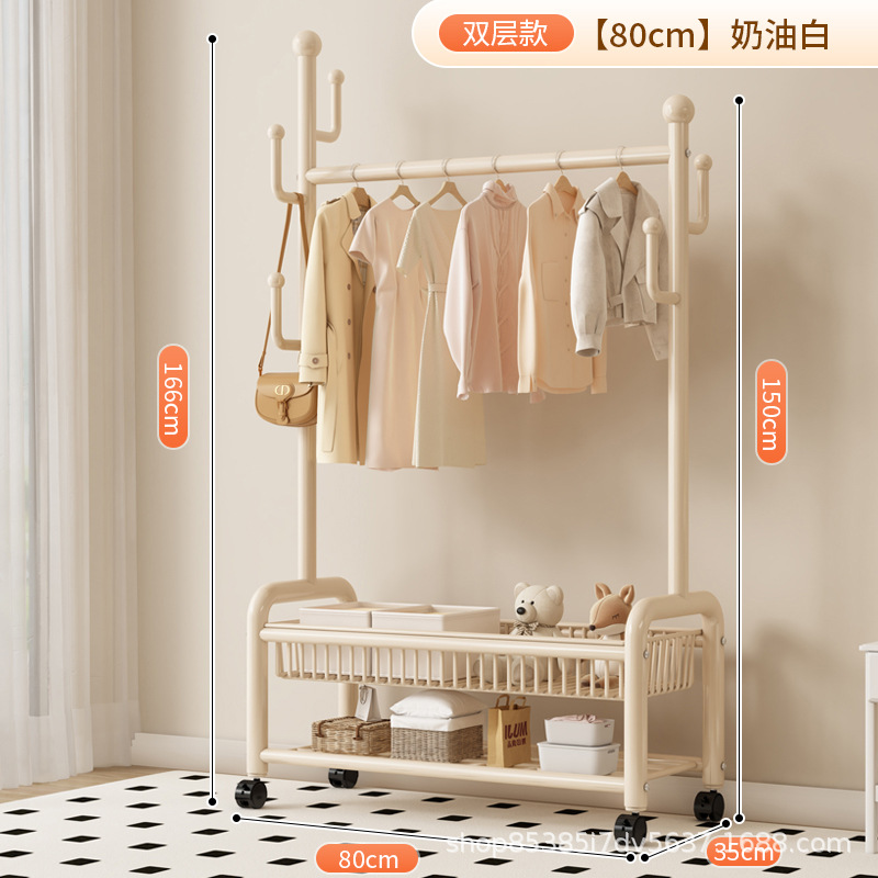 80cm 크림 화이트 더블 레이어 메쉬 바구니丨6 후크 + 금속 캐스터 휠