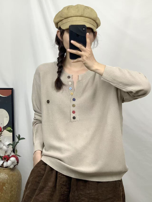 2025秋季新款 复古简约纯色拼接针织毛衣 宽松圆领纽扣套头毛衣女|undefined