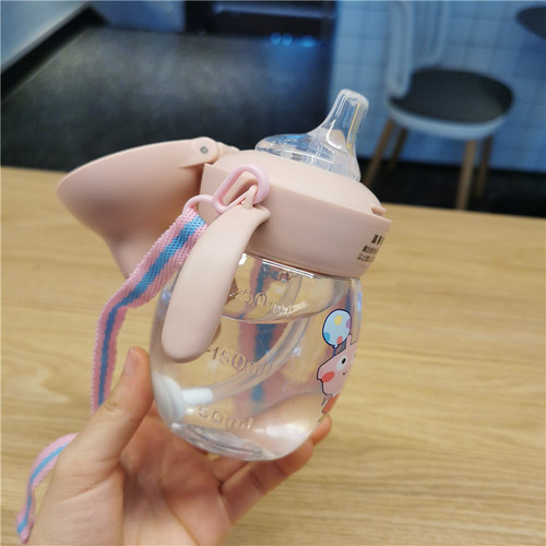 Newborn Baby Duckbill Cup Cute Cartoon Pig with Handle Learning Drinking Cup Baby Plastic Strap Water Bottle