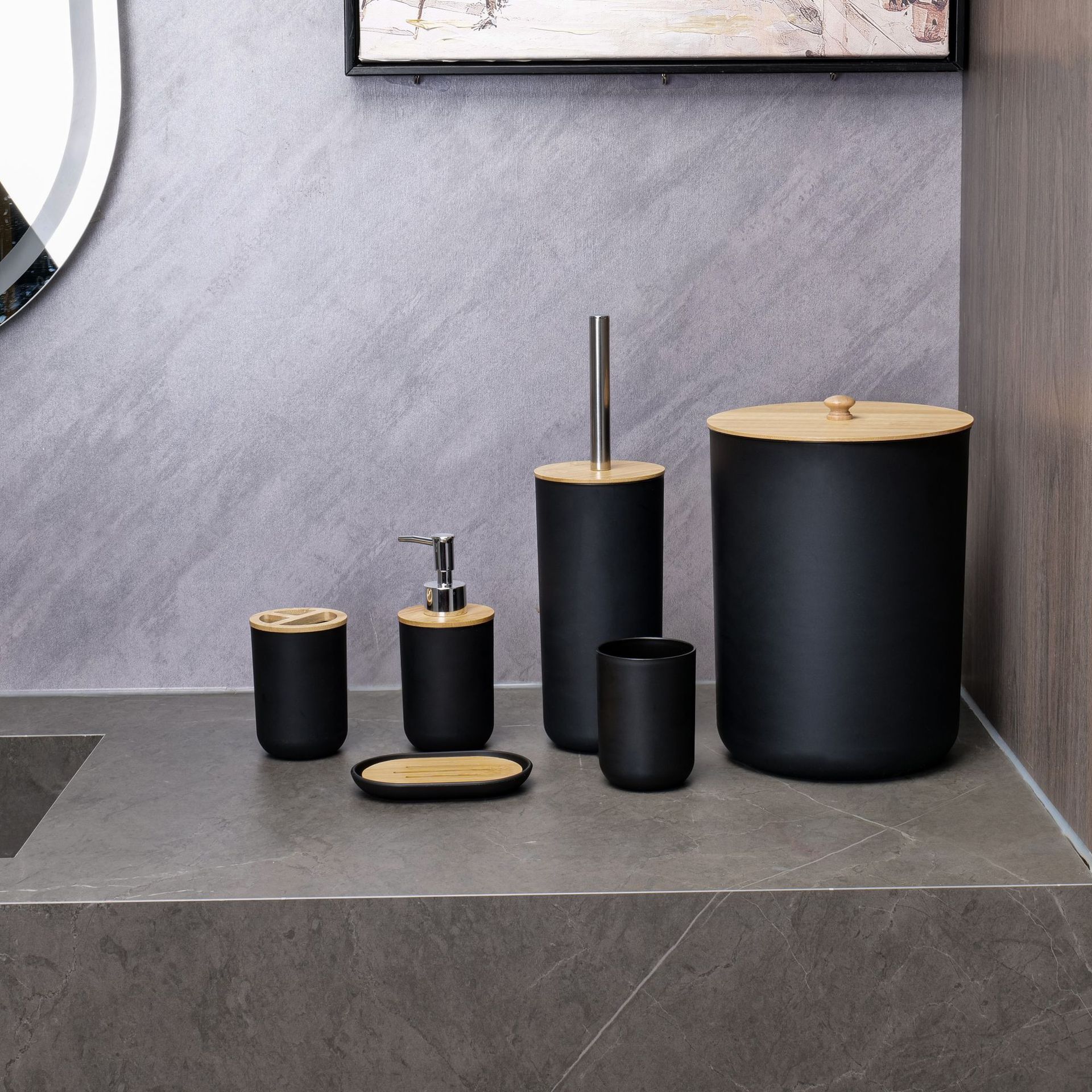 YUFEI Baño transfronterizo lavado de bambú y madera juego de seis piezas bomba de loción cepillo de dientes taza caja de jabón estilo nórdico traje simple