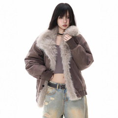 美式复古大毛领连帽棉服外套女冬季中性高级感加厚毛绒棉衣跨境款