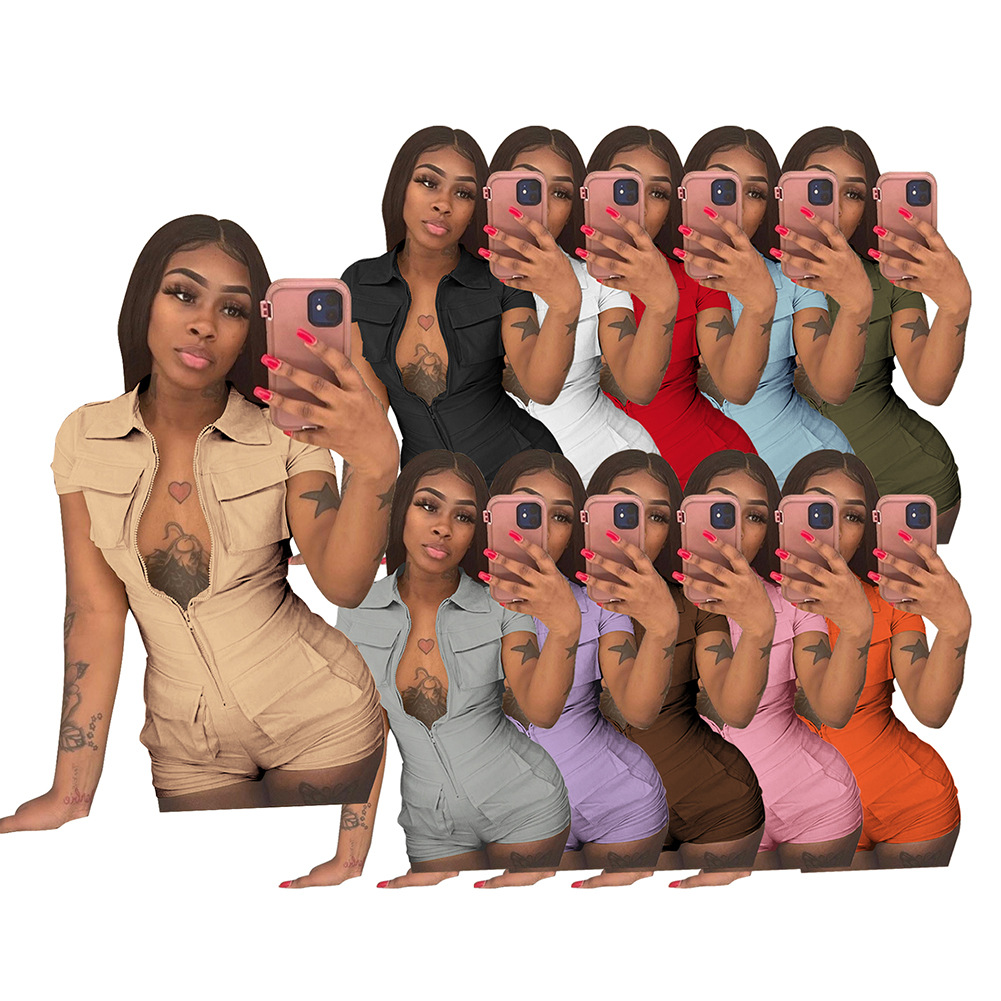 summer new zipper pocket solid color workwear jumpsuit_voghion.com