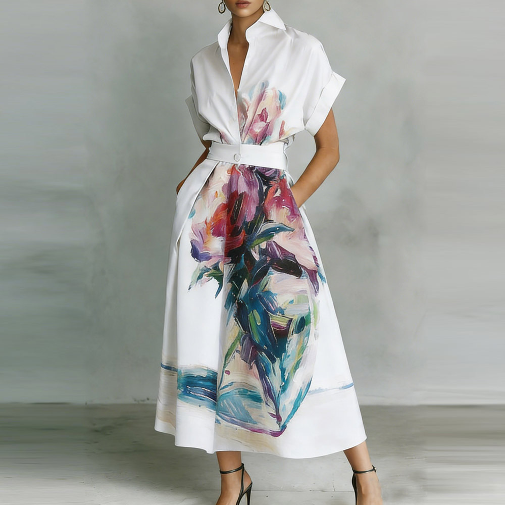 Independent European and American Cross-Border Foreign Trade 2026 Summer New Niche Resort Style Printed Long Dress Hot-Selling Outfit Shirt Dress