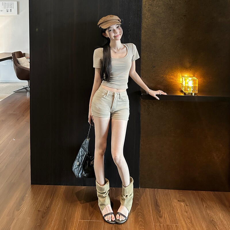 Yc& American Retro Hot Girl Shorts, Pure Desire Slim Fit, Tight-Fitting Cotton Elastic Butt-Lifting Summer New Style Hip-Hugging Denim Shorts for Women