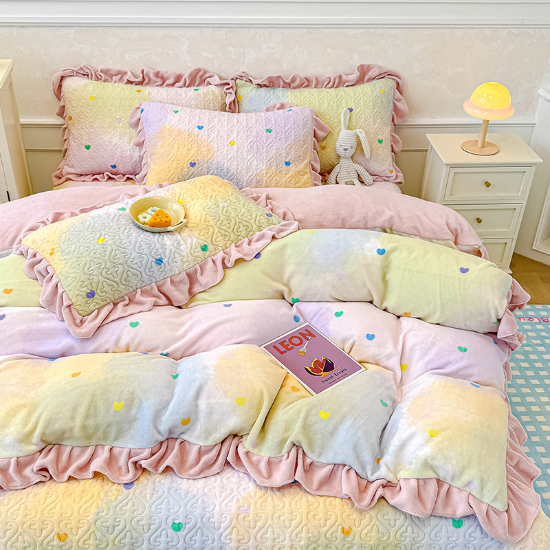 Customized Korean Style Export Princess Style Milk Velvet Bed Cover Four-Piece Set Thickeneded Warm Cotton Edge Bed Cover Three-Piece Set