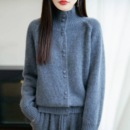 Heavy and thick 100% pure wool cardigan women's semi-turtleneck knitted sweater loose lazy warm base coat