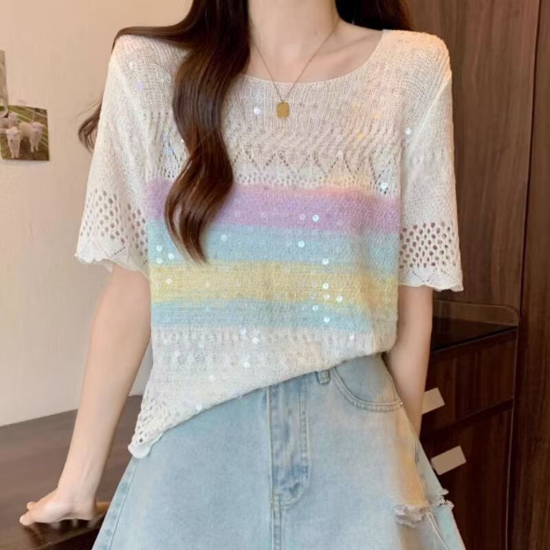 Dopamine Rainbow Striped Crochet Hollow-Out Knit Top Shiny Short-Sleeve Women's 2026 Summer Sequin Blouse
