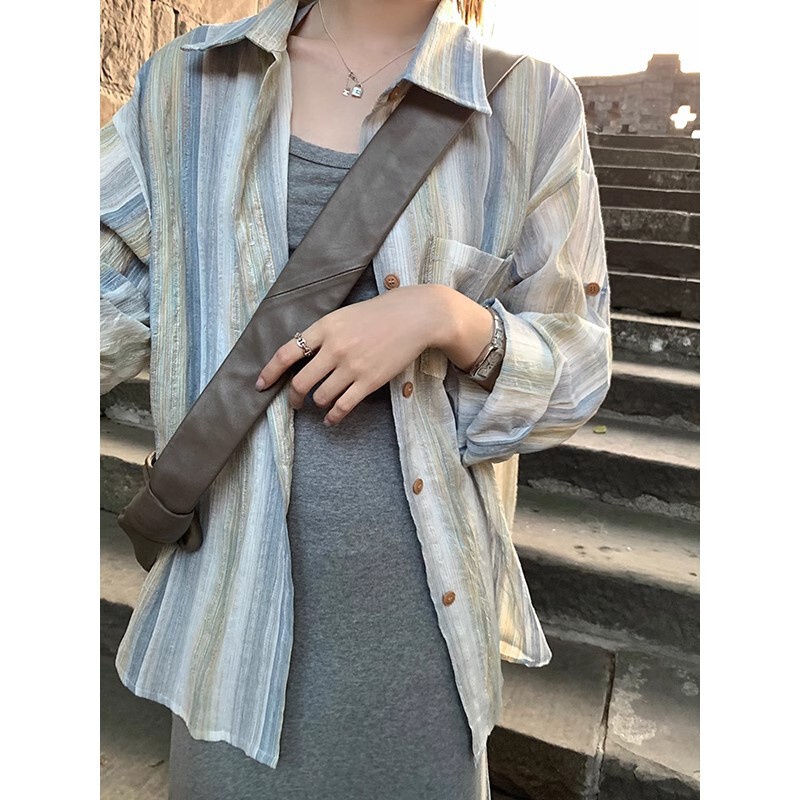 2024 New Arrival Young Korean Style Striped Long-Sleeved Sunscreen Shirt Women's Retro Loose Thin Outer Shirt