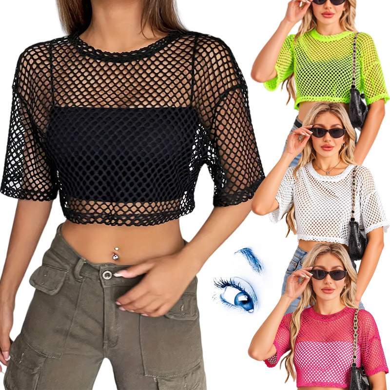 Cross-border Women's Mesh Casual T-shirt European and American Women's Shirt Amazon Summer Sports T-shirt Shopee