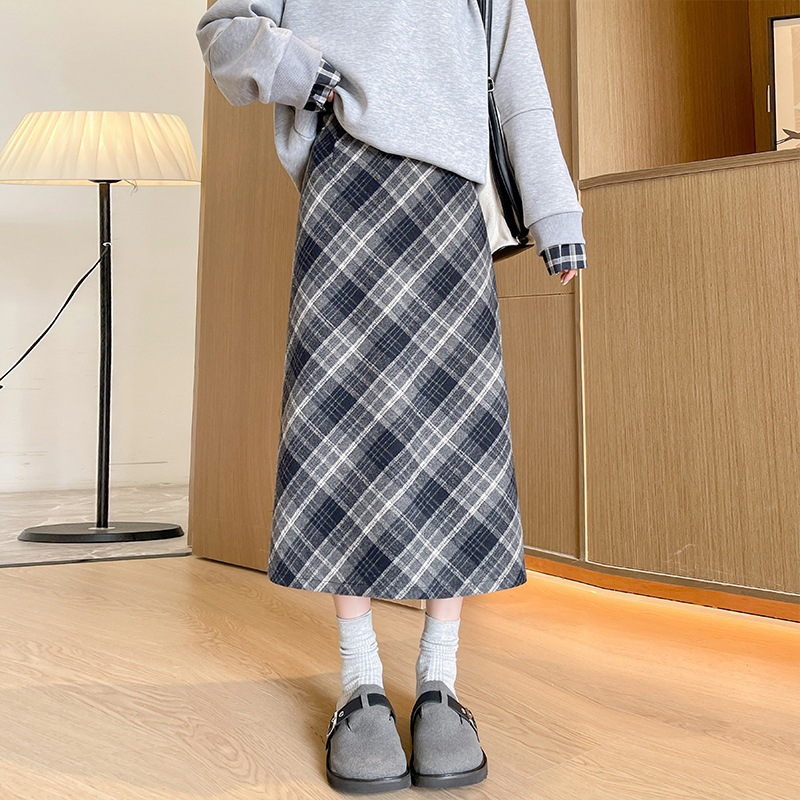 毛呢包臀裙秋冬新款长裙女百搭高腰显瘦A子复古斜格纹格子半身裙