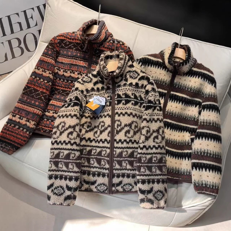 Factory Orders! Women's Style! Autumn and Winter Fair Isle Double-Sided Fleece Thickened Warm Stand-Collar Jacket Trendy