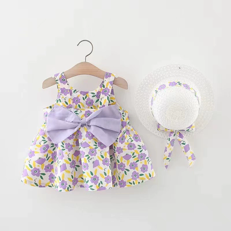 Summer sleevless dress girl's with bow, 1234 years, flowered