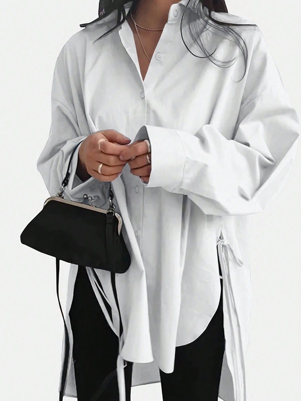 ヨーロッパとアメリカの貿易婦人服Amazon AliExpress新しい女性の初秋のルーズフロントショートバックロングレースアップスリムシャツ|undefined