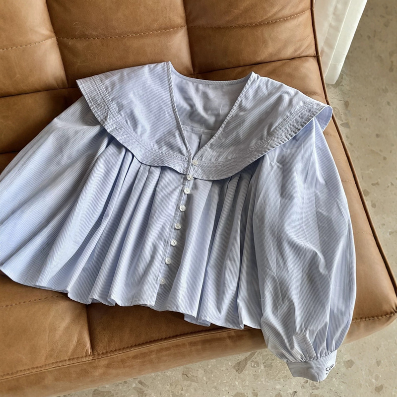 2026 Autumn New American Navy Style Light Blue Striped Doll Collar Pleated Loose Light Blue Youthful Shirt