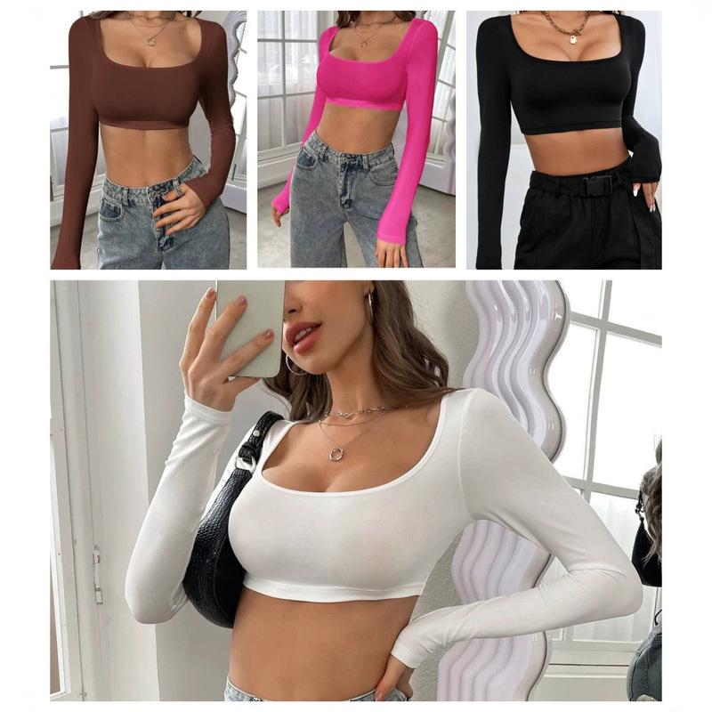 European and American Cross-Border New Style Cropped Knit Top, Sporty Casual High-Elastic Long-Sleeve Ultra-Short Versatile Crop Top T-Shirt European and American Cross-Border New Style Cropped Knit Top, Sporty Casual High-Elastic Long-Sleeve Ultra-Short Versatile Crop Top T-Shirt