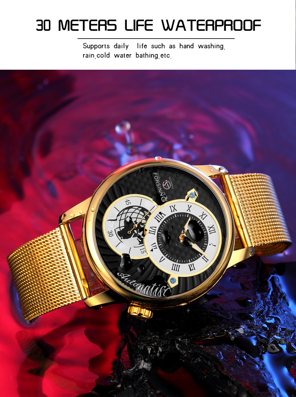 Men's Mechanical Watch With Earth Pattern And Leather Steel Strap_voghion.com
