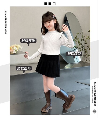 Baby Girl Knitted Base Shirt Autumn/Winter Thin Novelty Children's Sweater Black Middle/Big Child Integrated Fleece Option for Layering