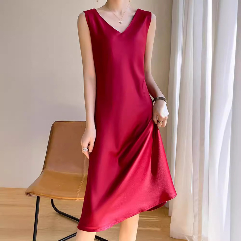 Acetate Satin Slip Dress for Women, Black Long Over-The-Knee Dress, Summer Sleeveless, Age-Reducing, Slimming A-Line Dress Acetate Satin Slip Dress for Women, Black Long Over-The-Knee Dress, Summer Sleeveless, Age-Reducing, Slimming A-Line Dress