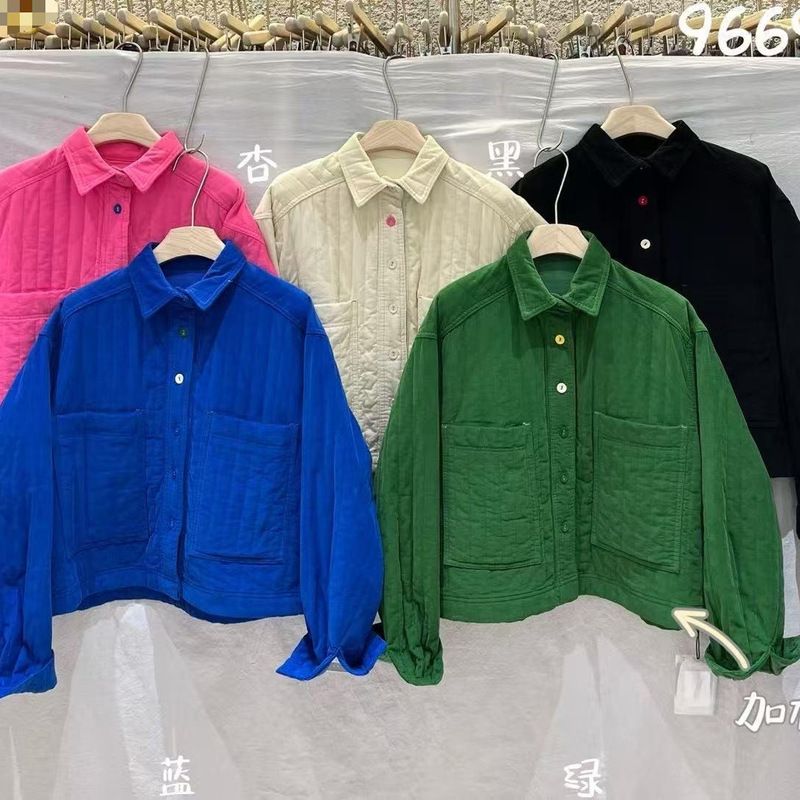 we2026 Autumn New Korean Style Vertical Quilted Padded Short Shirt Jacket for Women, Colorful Loose Thin Cotton Jacket, Niche Style we2026 Autumn New Korean Style Vertical Quilted Padded Short Shirt Jacket for Women, Colorful Loose Thin Cotton Jacket, Niche Style