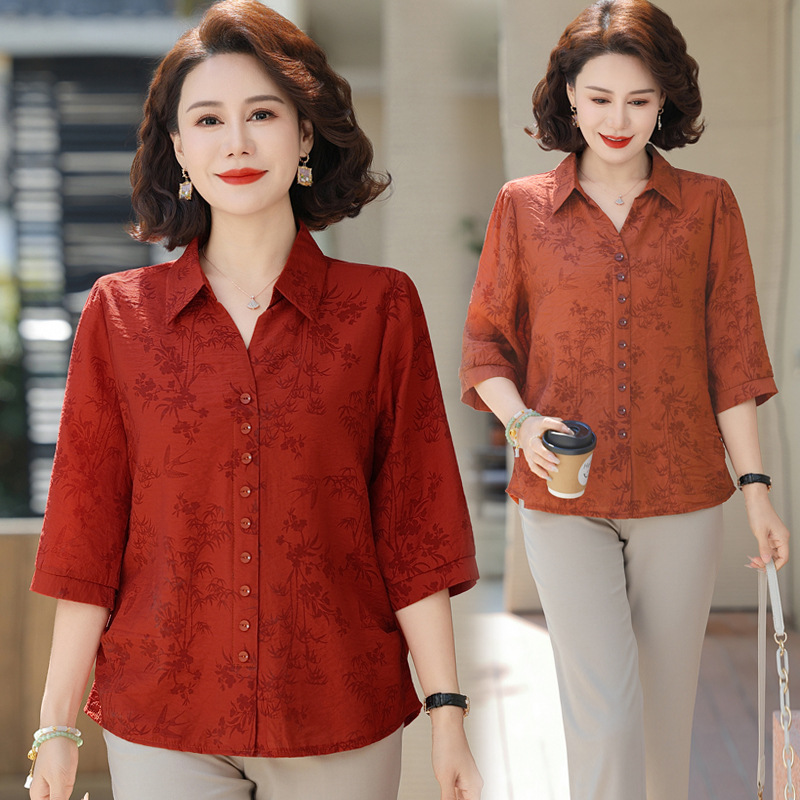 Summer clothes for mothers, new mid-sleeve shirts, fashionable loose-fitting cardigan tops for middle-aged and elderly women Summer clothes for mothers, new mid-sleeve shirts, fashionable loose-fitting cardigan tops for middle-aged and elderly women