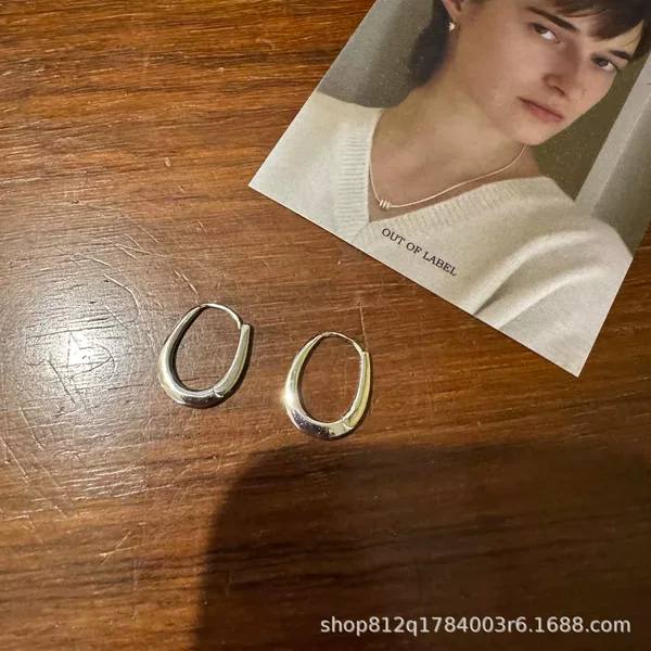 Handmade outoflabel all-over S925 sterling silver oval earrings, simple and classic, same style as Korean bloggers, ins-style