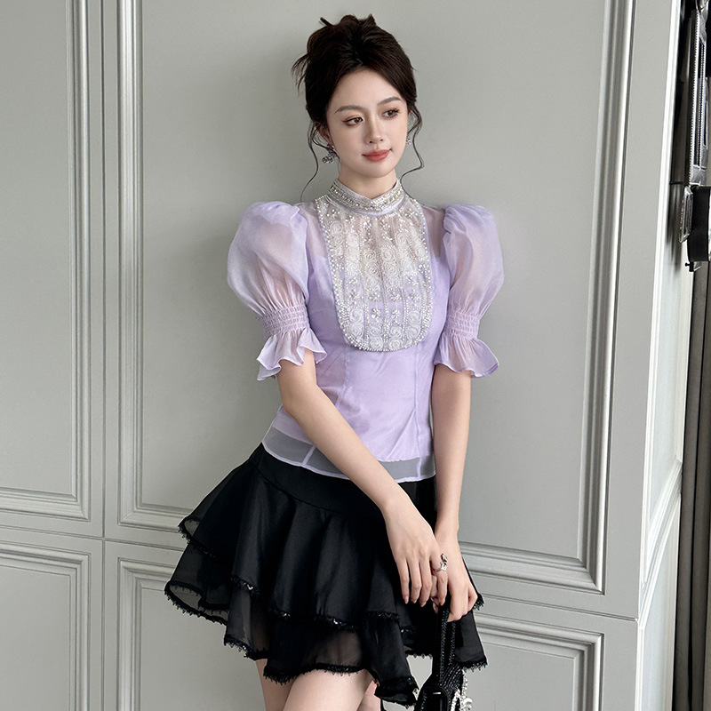 Áo kiểu tay phồng đính kim cương thắt eo thiết kế kiểu Pháp — Hoa violet