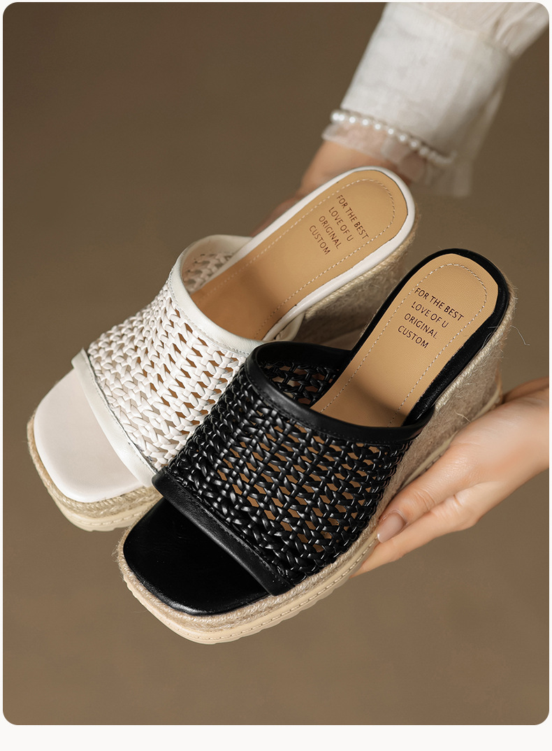 Sandal cao gót nữ mũi vuông đế rơm gót 10 cm — màu đen, màu trắng chi tiết 15