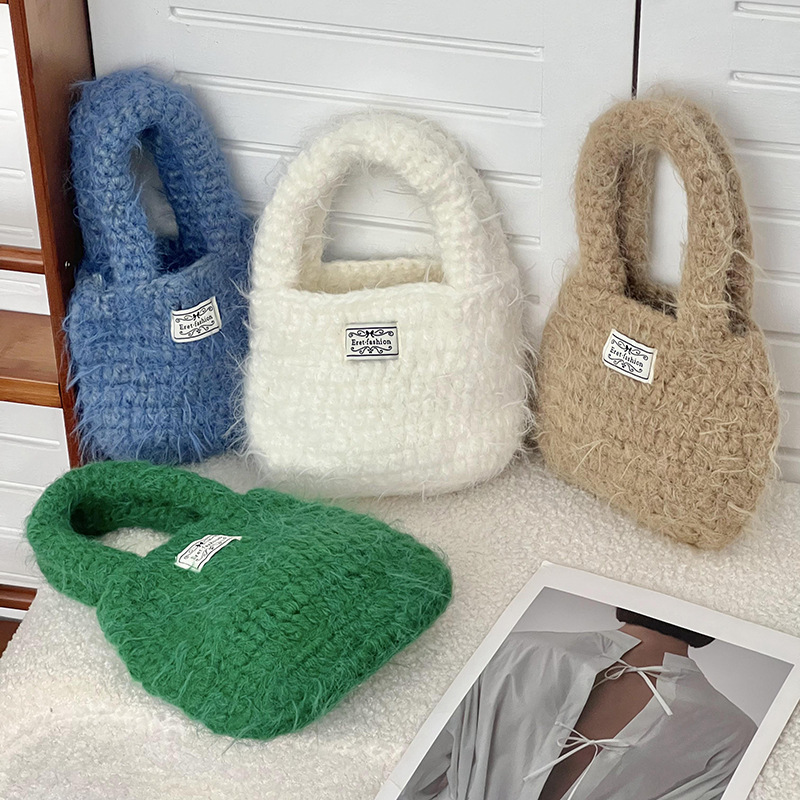 Bolsa de mano de damas otoño-invierno versátil retro suave lana hecha a mano tejida bolsa de muñeca bolsa de hombro
