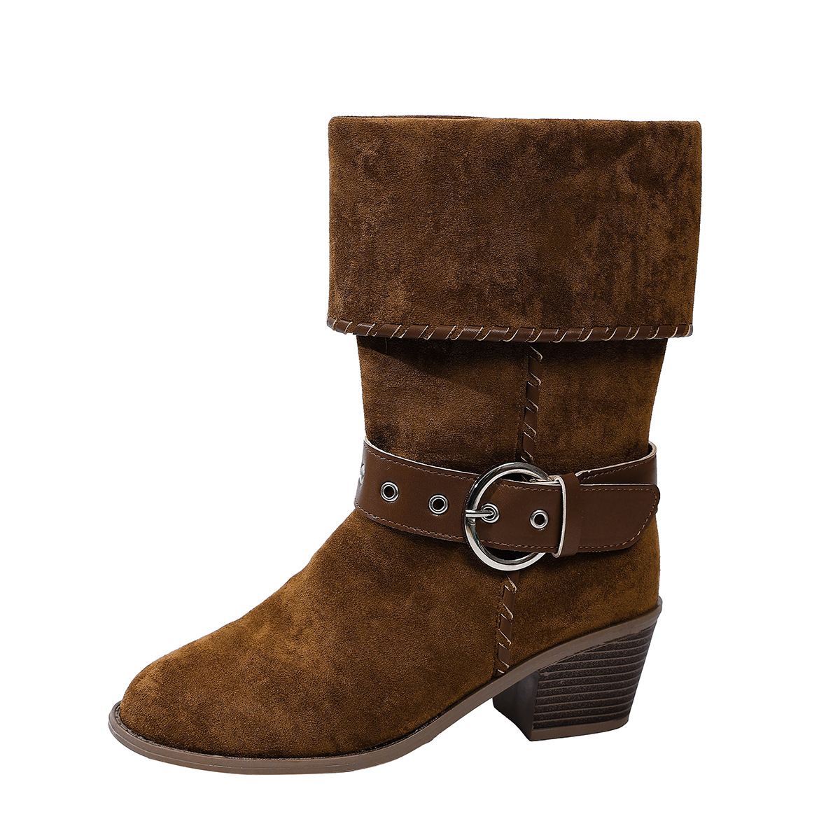 Women's Winter Belt Buckle Turn Up Mid Heel Riding Boots Chunky Heel Plus Size Western Mid Calf Boots_voghion.com