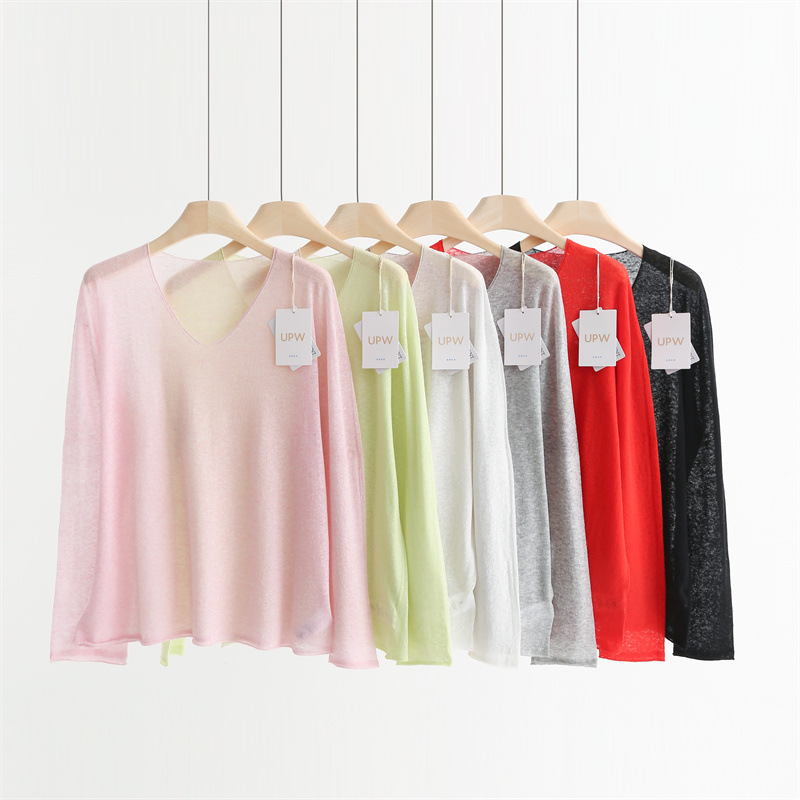 Seamless Natural Rolled-Edge Lightweight Breathable Upw Linen Cotton V-Neck Knitwear Long-Sleeved Sun Protection Shirt for Women Czf589