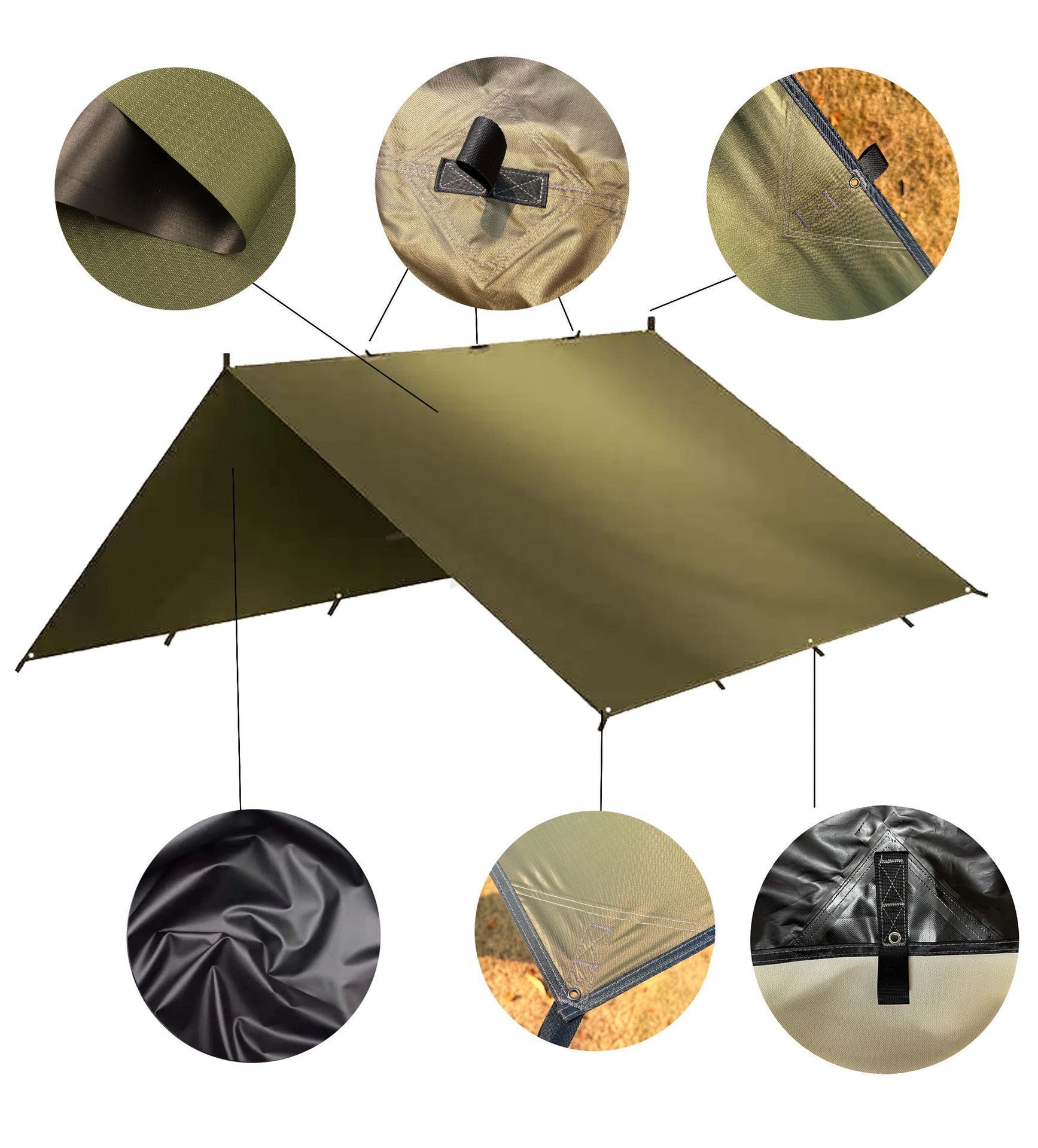 In-stock outdoor camping black vinyl tarpaulin with 19 hanging points, multifunctional ground mat, sunshade, rainproof, windproof curtain