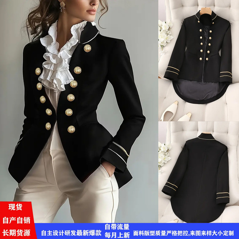 Cross-Border Black Court-Style Waist-Cinching Blazer with Double-Row Gold Buttons and Stand-Up Collar Design, Slim-Fit Commuter Blazer for Women