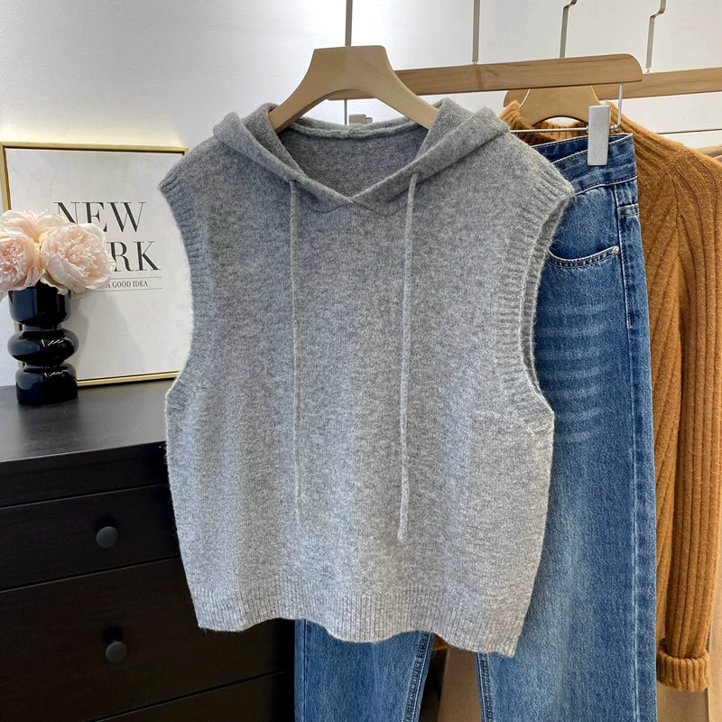 Осенне-зимний прагматичный клейкий рисовый бархатный вязаный жилет с капюшоном без рукавов свитер наборный жилет теплый топ 1177