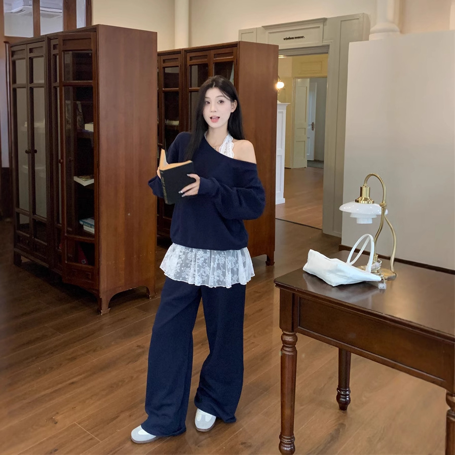 实拍2025春季薄款V领蕾丝衫店藏青色斜领卫衣气质休闲裤两件套女