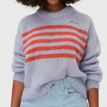 特价清仓-秋冬欧美女装紫色条纹字母刺绣马海毛羊毛针织衫女