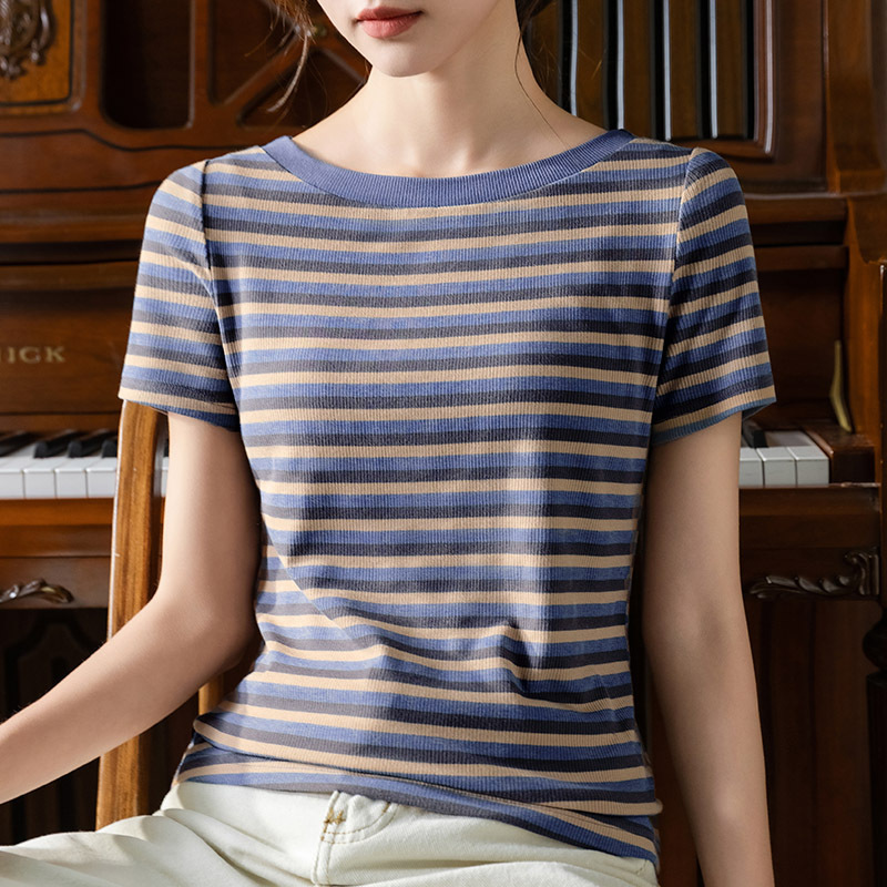 Camiseta de manga corta de las mujeres de verano 2023 nuevas mujeres de contraste color de rayas camiseta temperamento fuera del hombro superior de la cintura francesa
