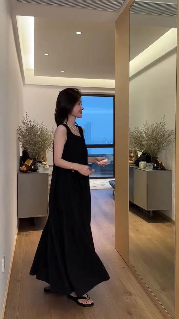Váy liền không tay dài phong cách Hepburn Pháp, dáng suông thắt eo, phù hợp nữ mùa hè — Màu đen, Màu trắng chi tiết 7