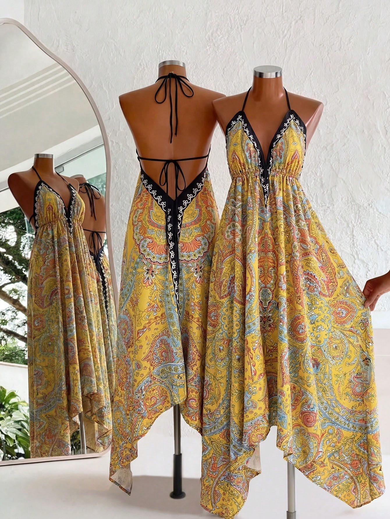 Retro summer long skirt, sexy dress, boho style, lifting effect, V-neckline, high waist, backless