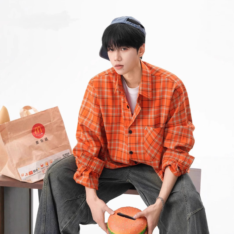 Autumn Men's American Retro Orange Plaid Shirt Men's Fashion Retro Versatile Plaid Casual Loose Shirt